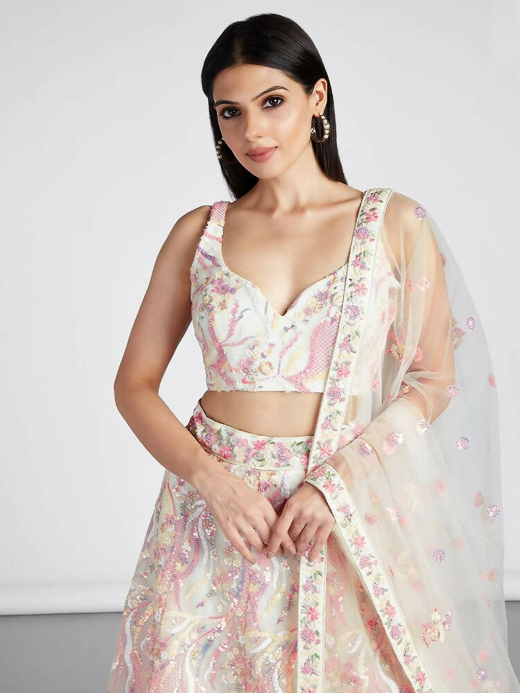 House of Panchhi Cream Net Sequins And Thread Embroidery Lehenga Choli & Dupatta