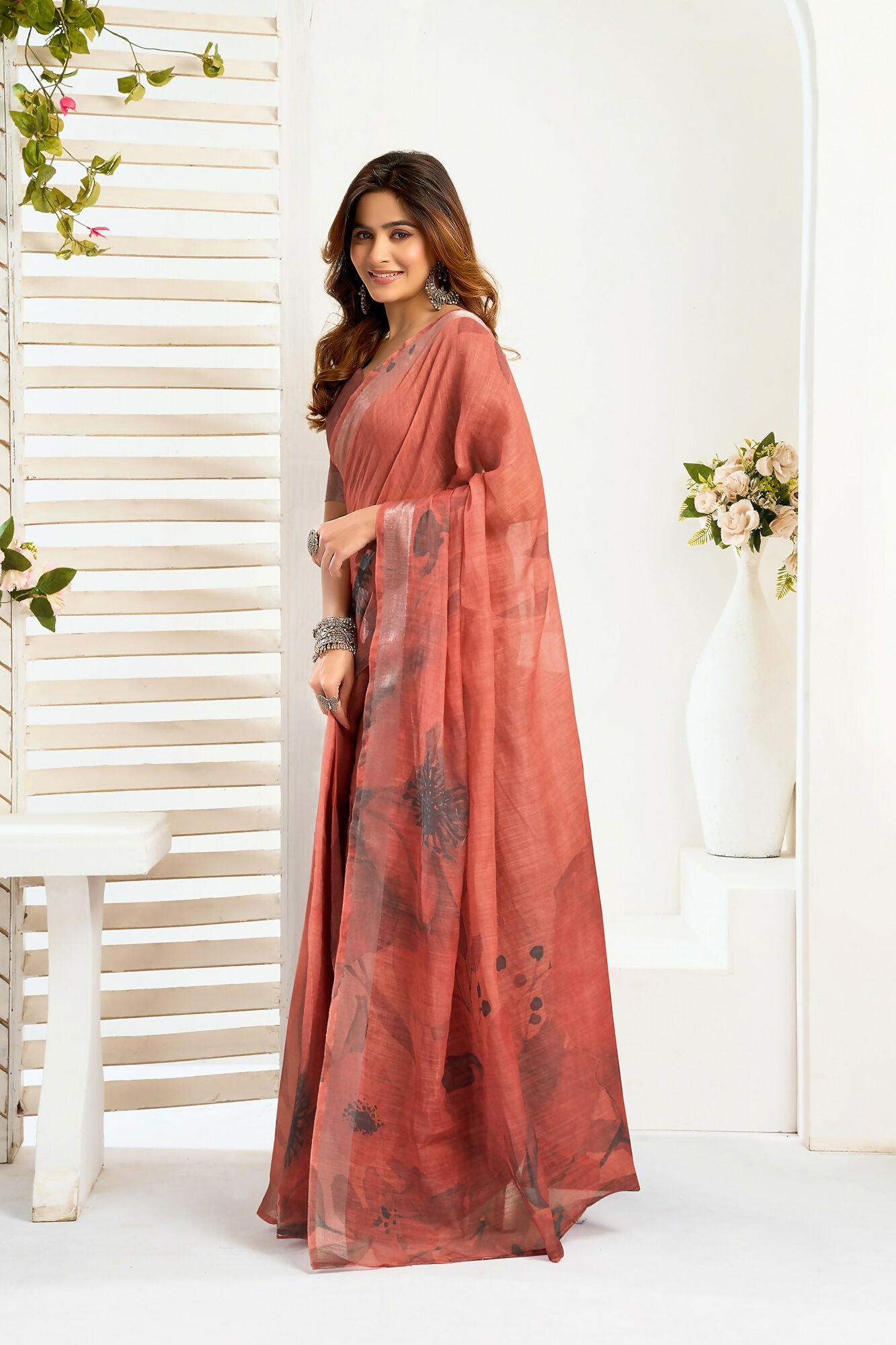 Vastranavya Brown Digital Printed Linen Ready To Wear Designer Saree with Unstitched Blouse - Distacart