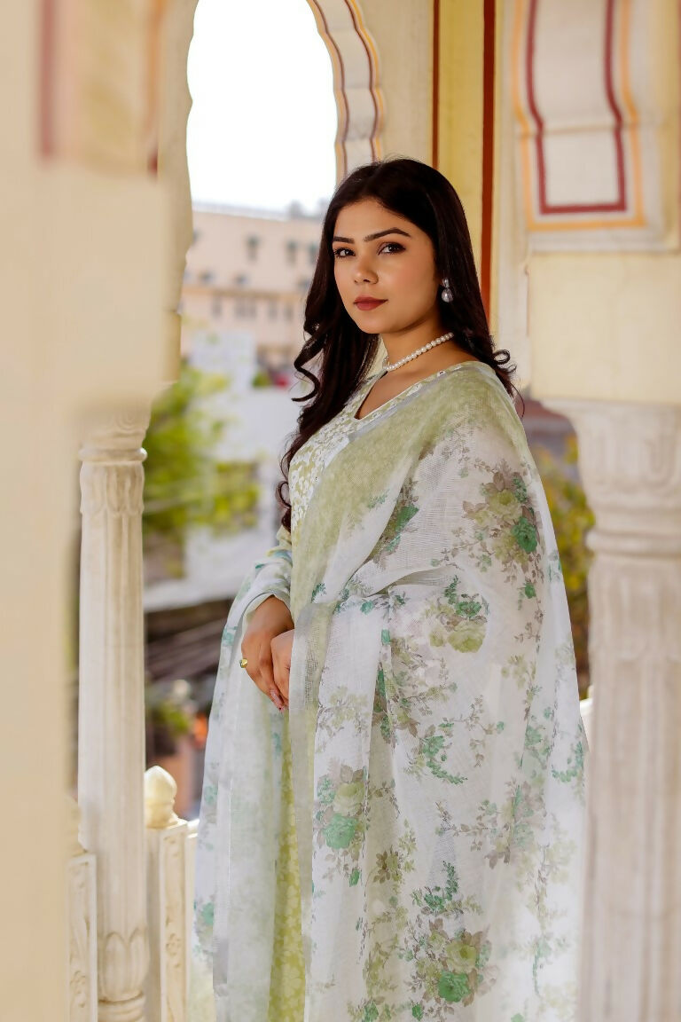 Vaasva Women Pista Green Linen Printed Kurta, Pant & Dupatta set