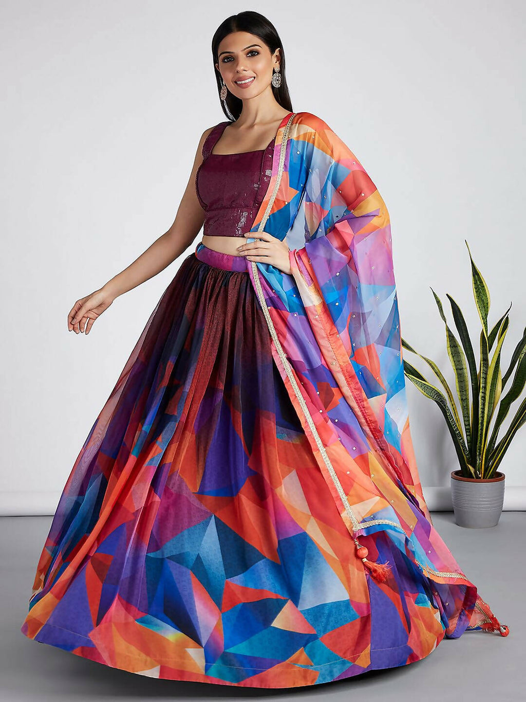 House of Panchhi Multi colour Organza Abstrack design digital print Semi-Stitched Lehenga choli & Dupatta