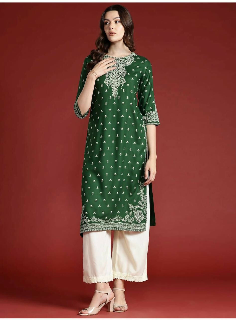 Cheera Women Stylish Hand Block Printed Cotton Blend Flared Kurta - Green