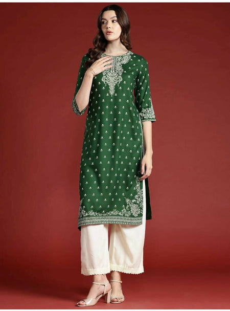 Cheera Women Stylish Hand Block Printed Cotton Blend Flared Kurta - Green