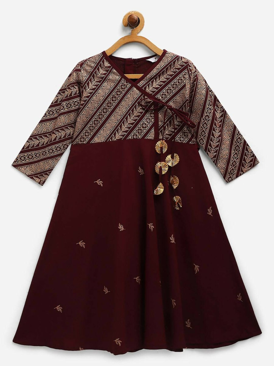 Ahalyaa Wine Crepe Glitter Print Kids Kurta For Girls