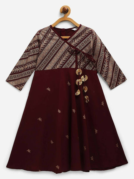 Ahalyaa Wine Crepe Glitter Print Kids Kurta For Girls