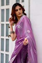 Vastranavya Lavender Embroidery Work Shimmer Chiffon Saree with Unstitched Blouse - Distacart