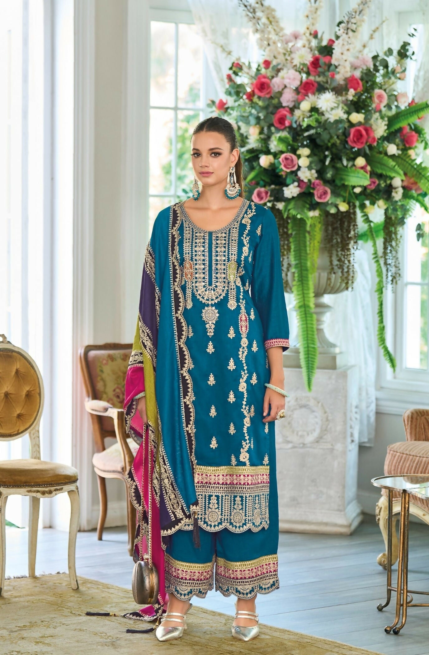 Anaita Teal Premium Embroidered Chinon Stitched Salwar Suit - Distacart