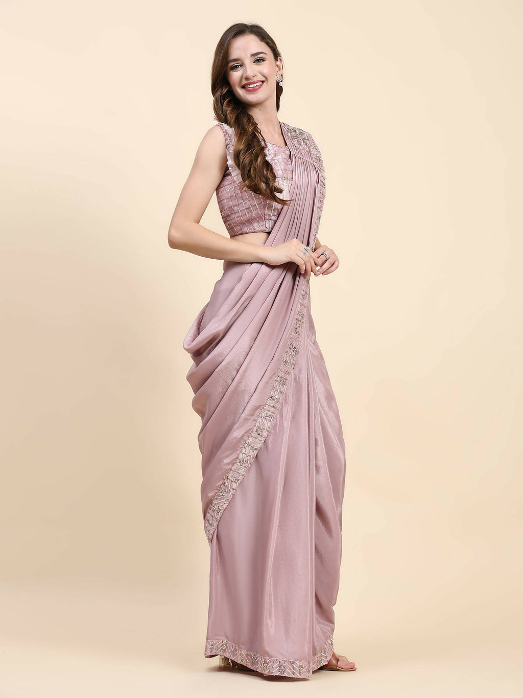 Pink Silk Satin Solid Ready to wear Saree with stitched Blouse - Satiksha