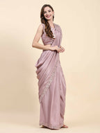 Pink Silk Satin Solid Ready to wear Saree with stitched Blouse - Satiksha