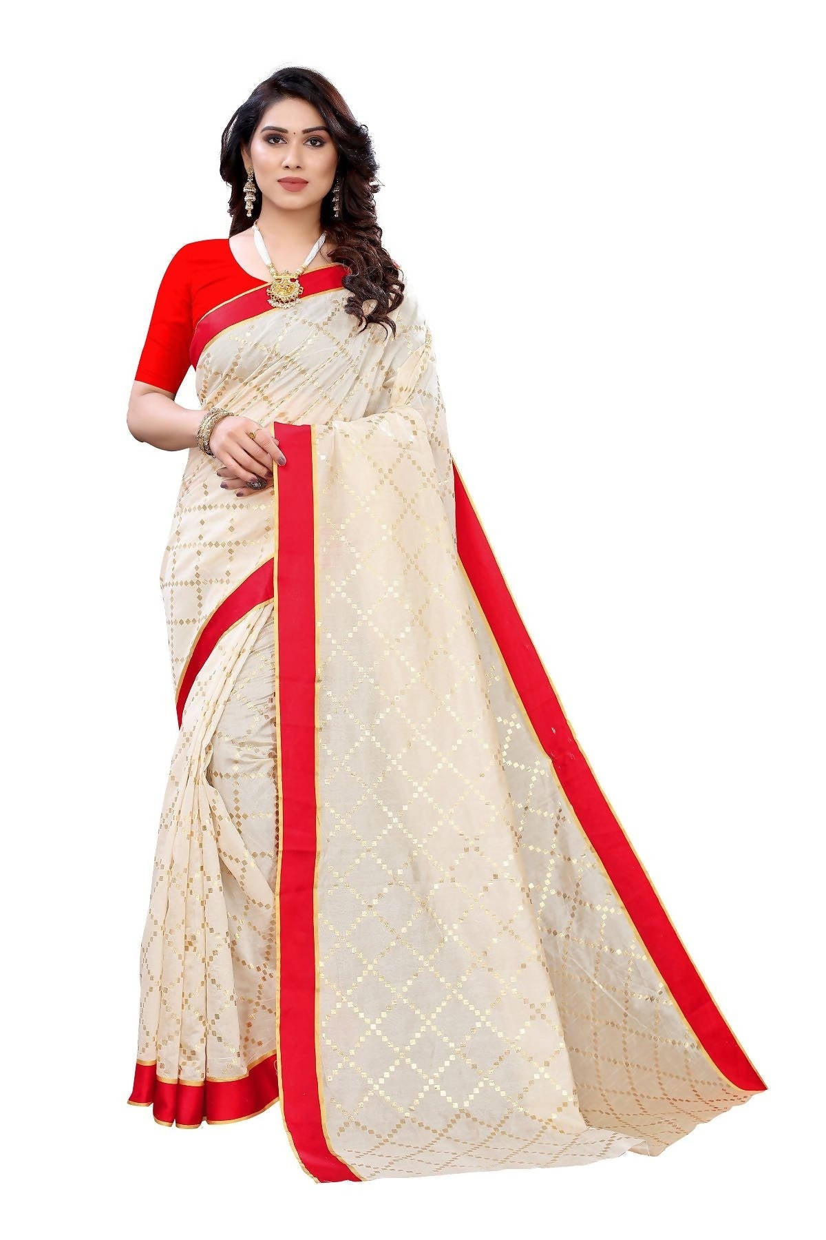 Vamika Cream Linen Foil Print Saree (YOGI CREAM) - Distacart