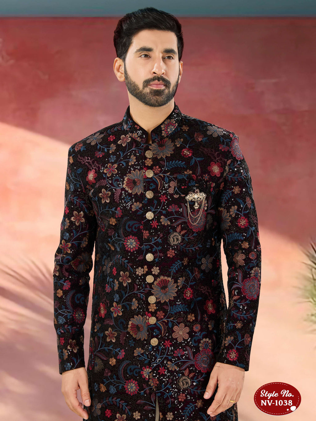 Joban Fashion Men's Wine Base Multi-Colour Straight Velvet Heavy Thread And Sequence Embroidary All Over Indo-Western Kurta Set