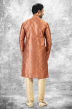 Raivat Ethnic Jacquard Silk Brocade Thread Work Kurta Pajama In Rust Brown Colour