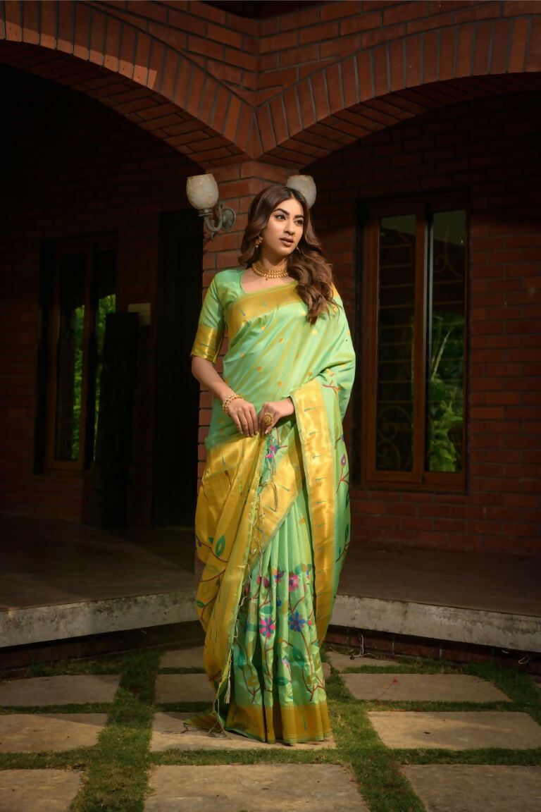 Jyoti Fashion Women's Sea Green Paithani Silk Zari Woven Saree with Blouse