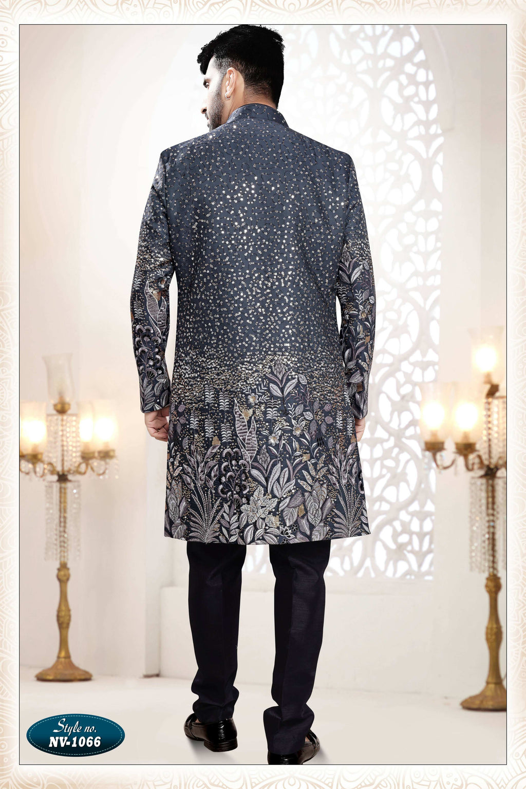 Joban Fashion Men's Blue Straight Silk Thread And Sequence Embroidery All Over 3 Pc Kurta Set