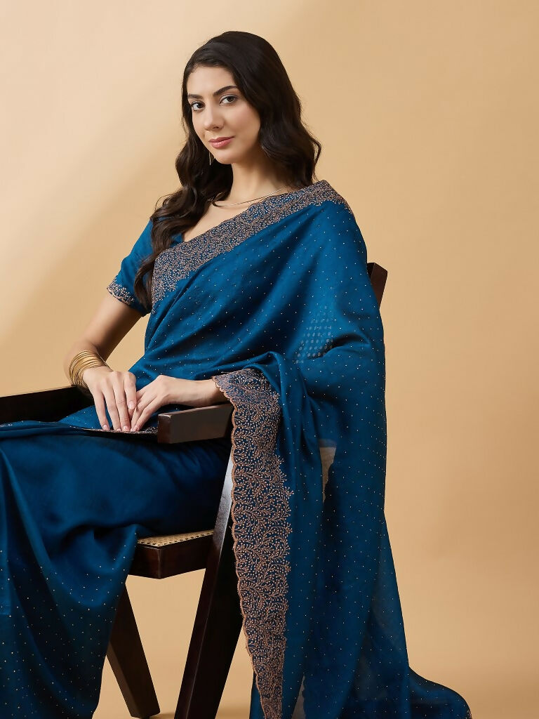 Blue Silk Blend Embroidered Saree with Unstitched Blouse - Vairagi