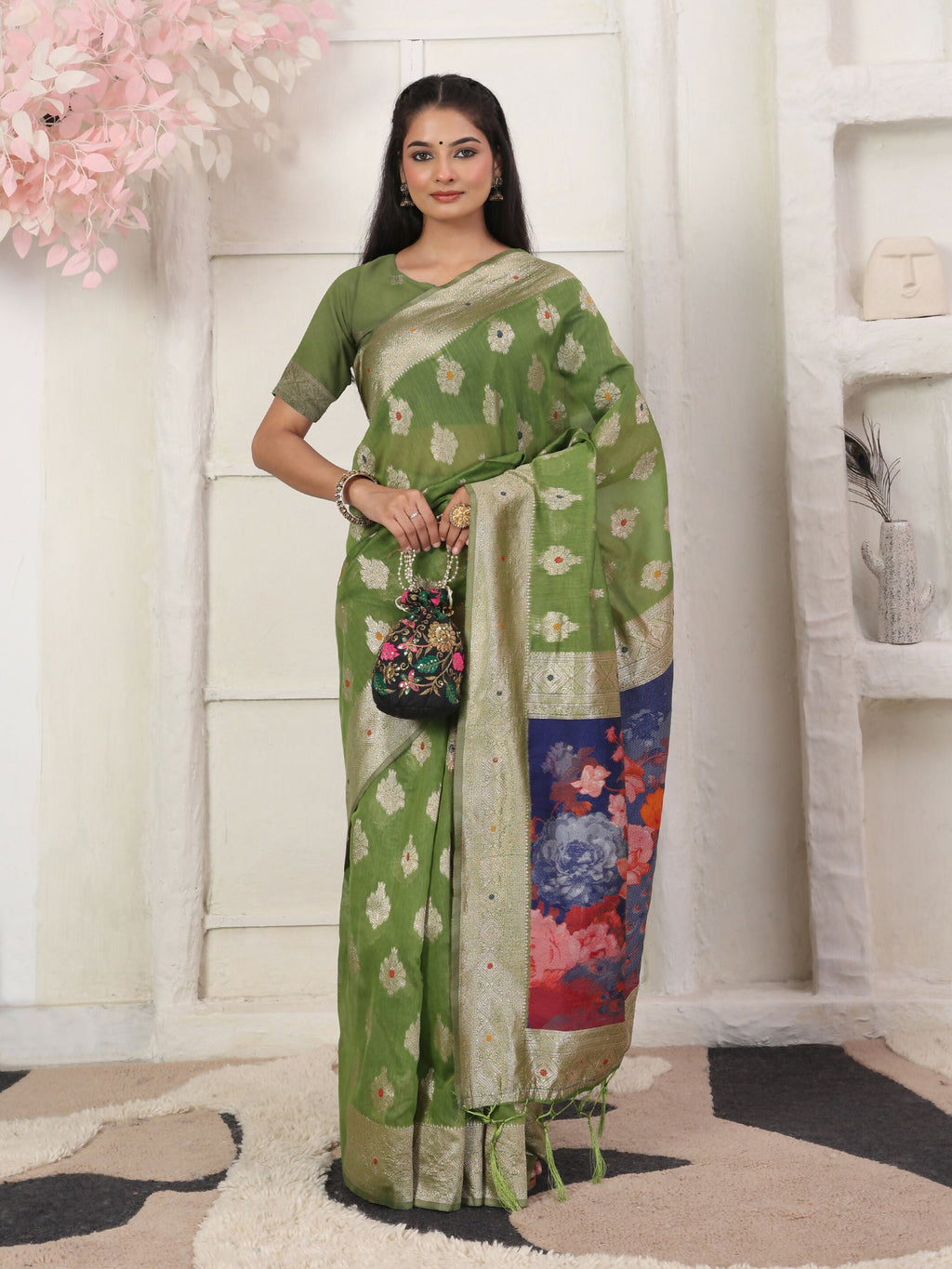 Shree Shyam Fashion Linen Cotton Green Saree - Distacart