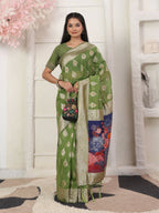 Shree Shyam Fashion Linen Cotton Green Saree - Distacart