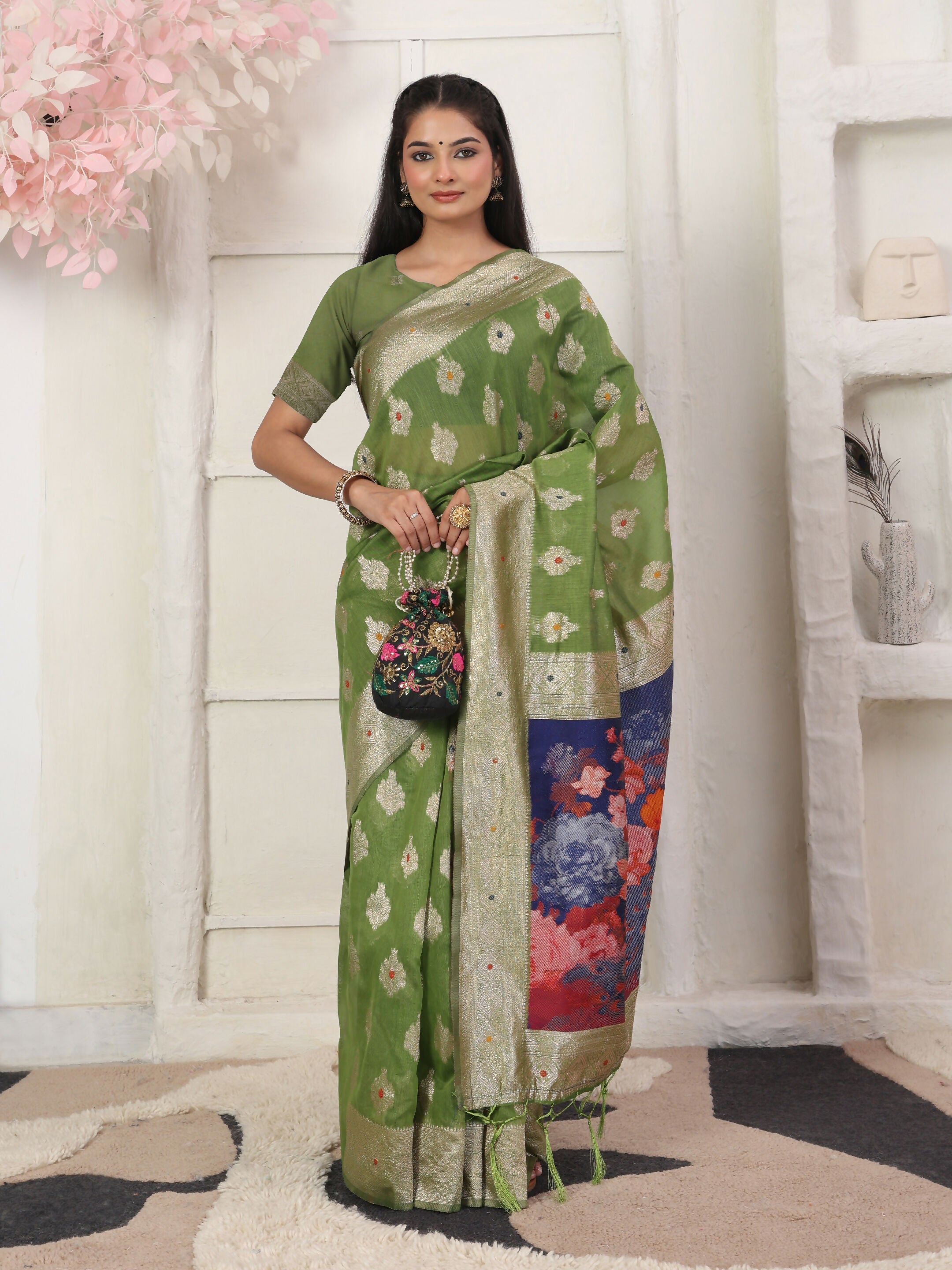 Shree Shyam Fashion Linen Cotton Green Saree - Distacart