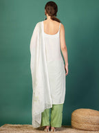 Sangria White Geometric Printed Shoulder Straps Mirror Work Kurta & Palazzos With Dupatta