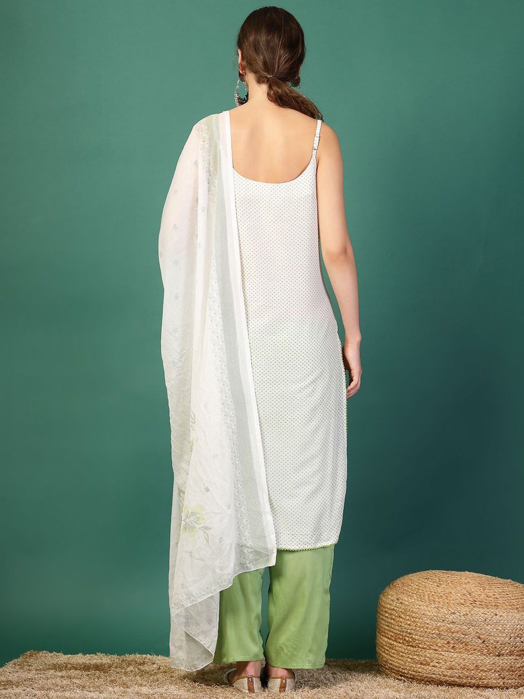 Sangria White Geometric Printed Shoulder Straps Mirror Work Kurta & Palazzos With Dupatta
