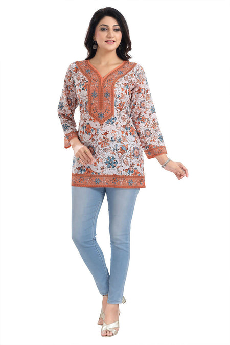 Snehal Creations Cream Faux Crepe Short Kurti Tunic Top