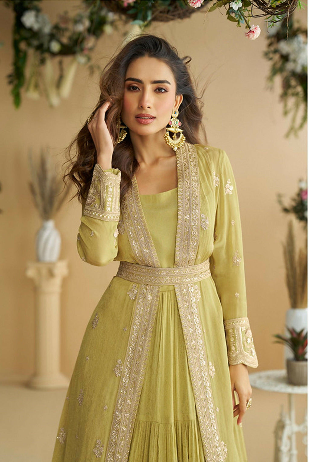 Anaita Mustard Chinon Silk Readymade Anarkali Shrug Gown with Belt & Embroidery Work - Distacart