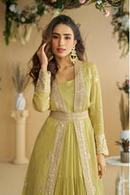 Anaita Mustard Chinon Silk Readymade Anarkali Shrug Gown with Belt & Embroidery Work - Distacart