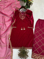 Vastranavya Pink Velvet Sequence Embroidery Work Kurta & Bottom With Dupatta - Distacart
