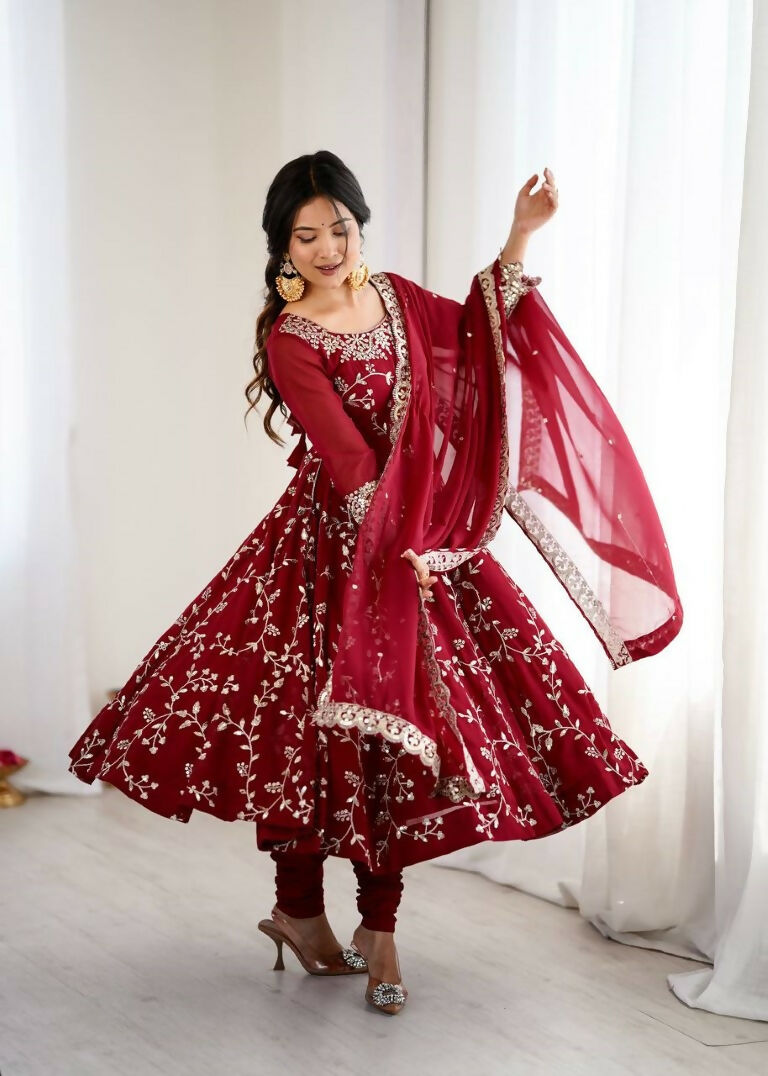 Teeya Creation Maroon Color Heavy Faux Georgette Embroidery Work Gown - Distacart