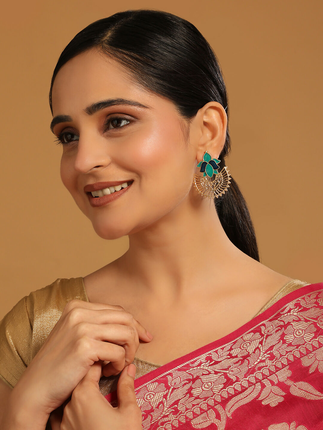 Nuyug 22K Gold Plated Turquoise Enamel Studded Indo-Western Floral Jali Statement Stud Earrings - Distacart