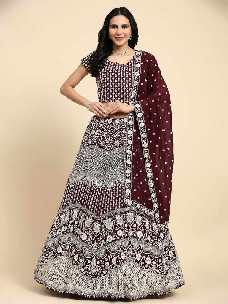 Brown Georgette Thread Embroidered Lehenga Choli with Dupatta - Tanya