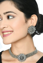 Mominos Fashion Johar Kamal Oxidised Silver-Plated Brass Finish Kundan Choker For Women (Silver) - Distacart