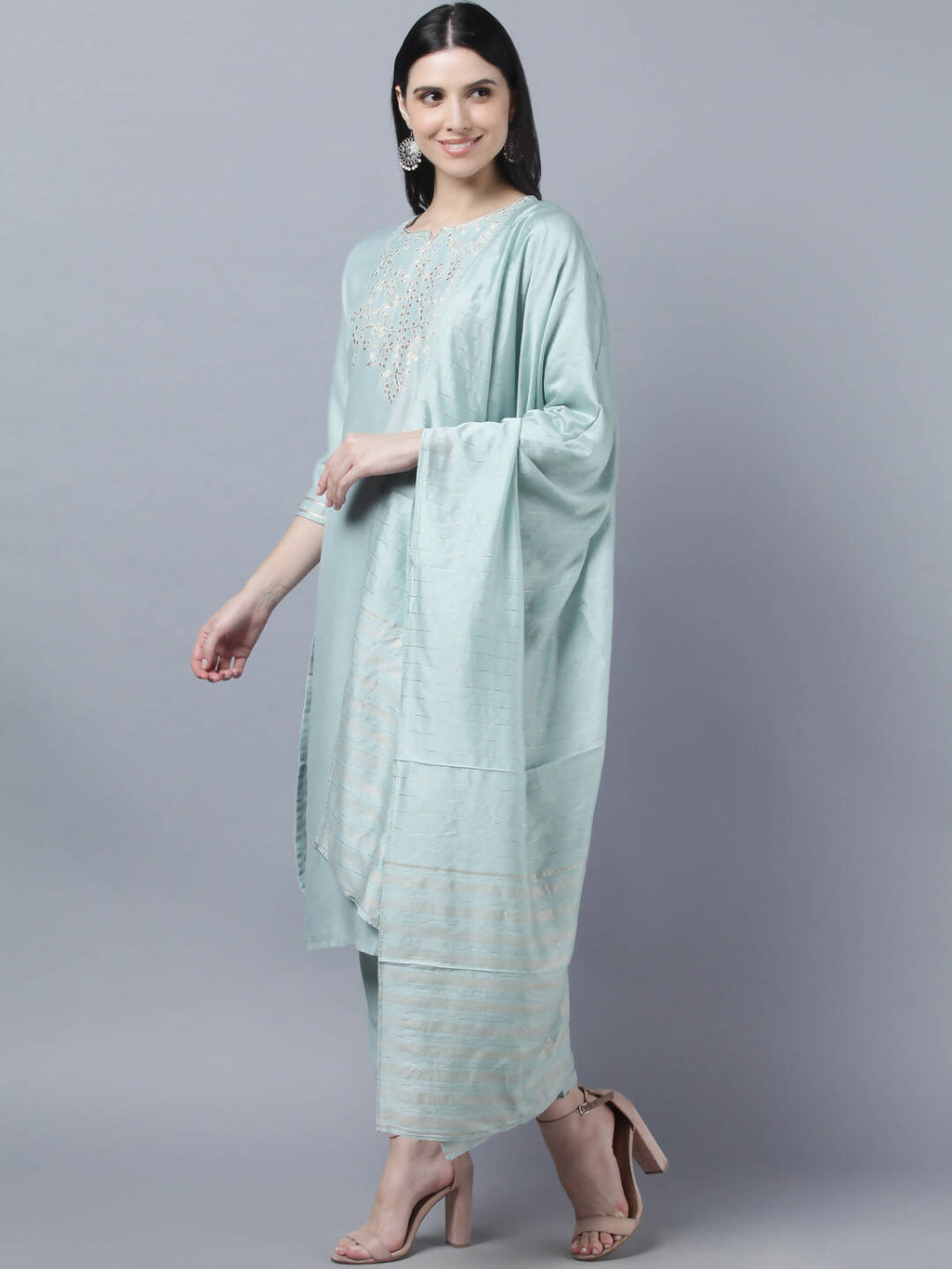 Myshka Women Grey Yoke Design Gotta Patti Kurta with Trousers Dupatta Set - Distacart