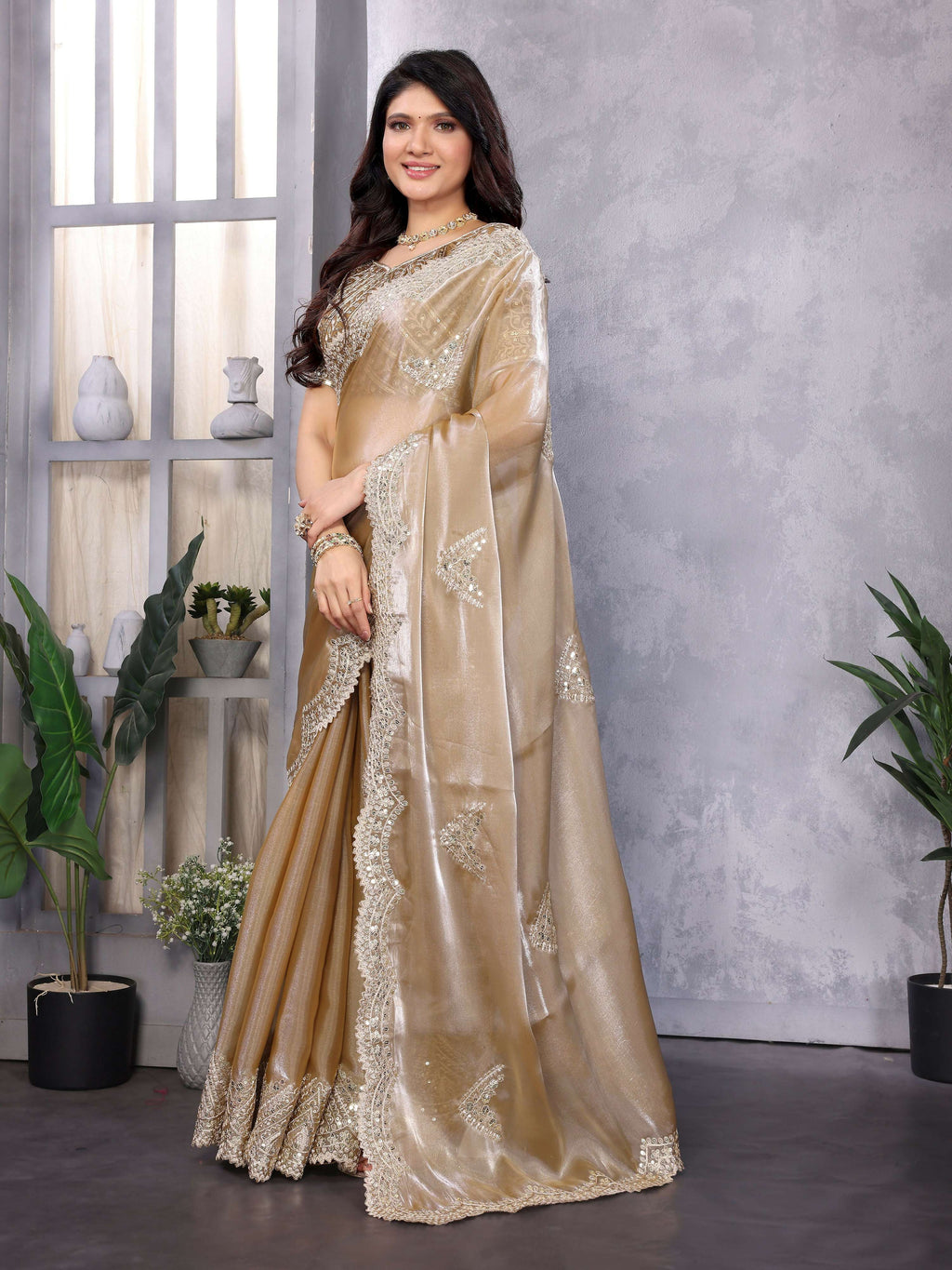 Vastranavya Beige Embroidery Work Shimmer Chiffon Saree with Unstitched Blouse - Distacart