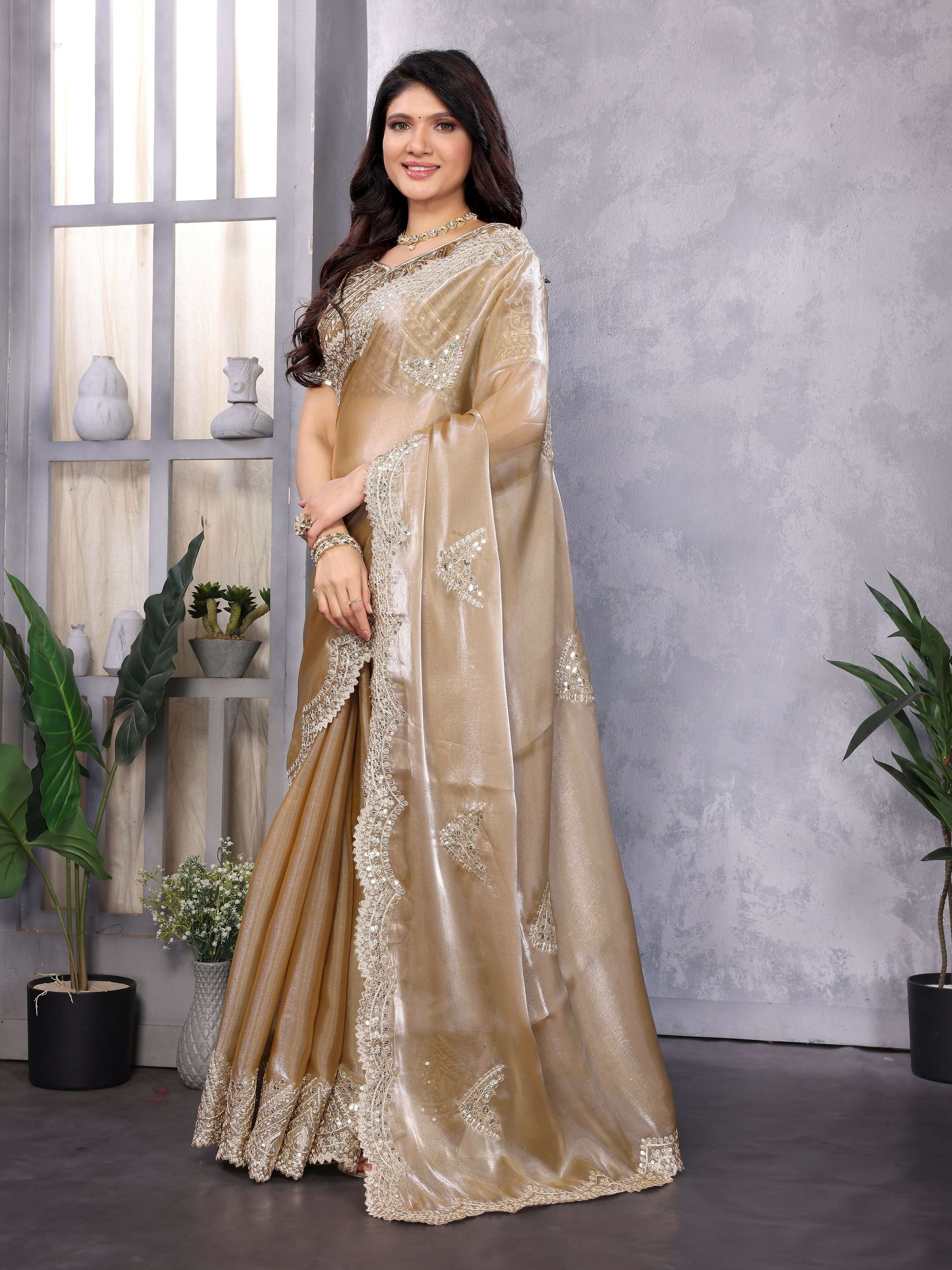 Vastranavya Beige Embroidery Work Shimmer Chiffon Saree with Unstitched Blouse - Distacart