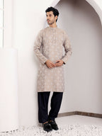 Light Brown Viscose Woven Jacquard Work Men's Kurta - Mahotsav