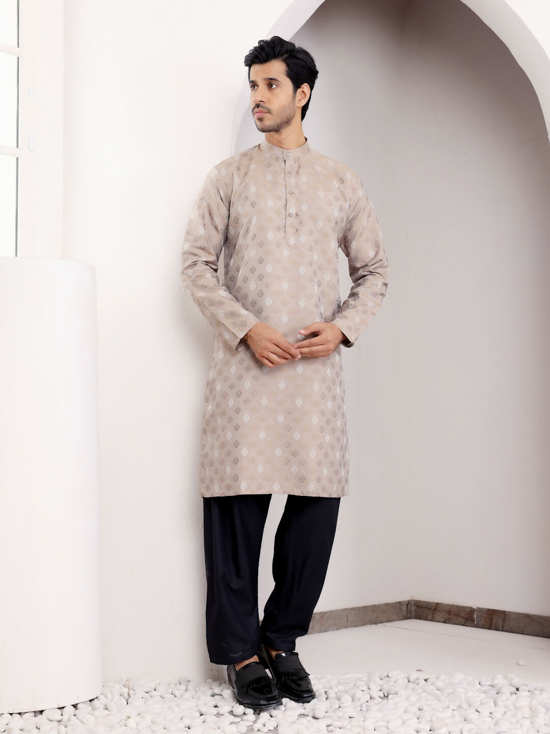 Light Brown Viscose Woven Jacquard Work Men's Kurta - Mahotsav