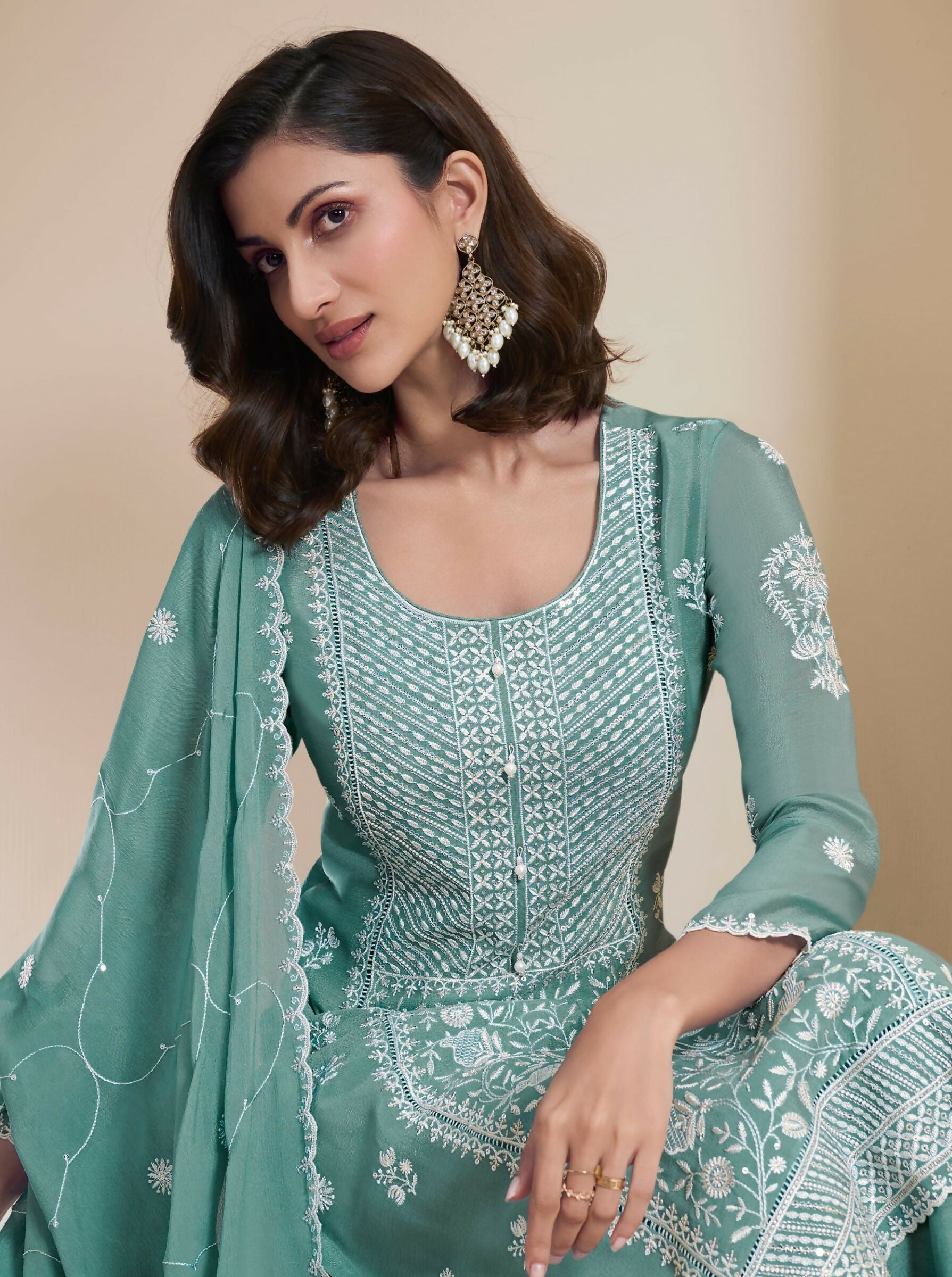 Anaita Green Chinon Embroidered Thread Work Stitched Salwar Suit - Distacart