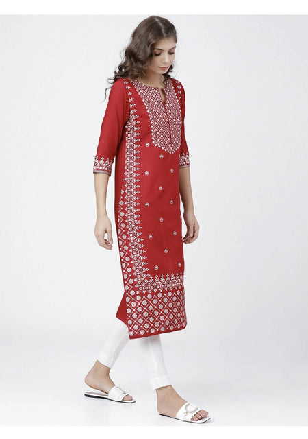Cheera Embellished Daily Wear Cotton Blend Kurta - Red & White