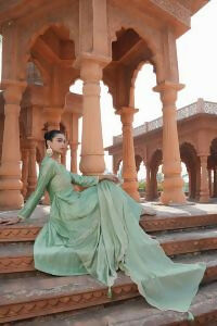 The52 Women's Beautiful Vichitra Silk Fabric Embroidery Work Flared Anarkali Pant and Dupatta Set - Distacart