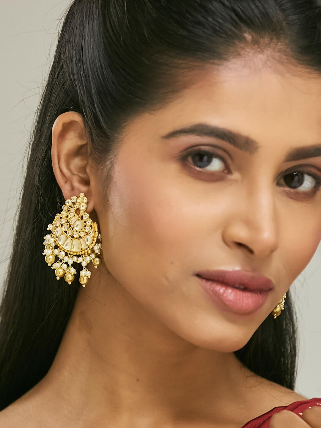 Nuyug 22K Gold-Plated Kundan Stone Studded & Pearl Drop Beaded Crescent Shaped Chandbalis - Distacart
