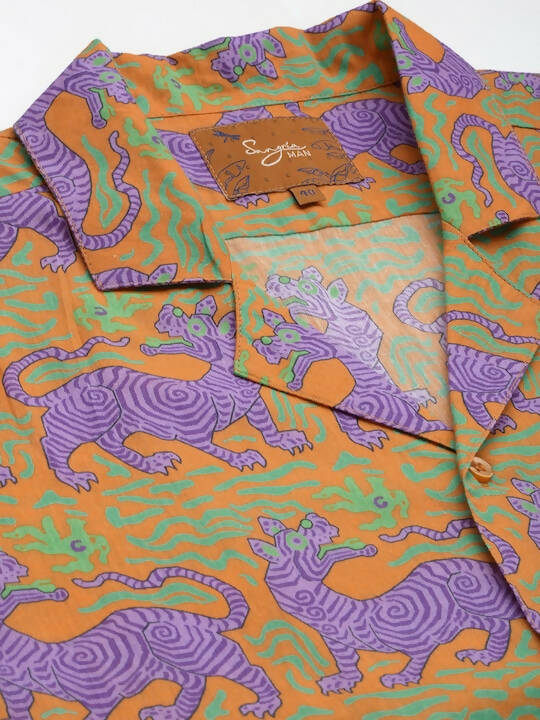 Orange Relaxed Opaque Printed Casual Resort Shirt - Mahotsav