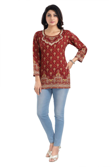 Snehal Creations Magical Maroon Printed Short Kurti Tunic Top