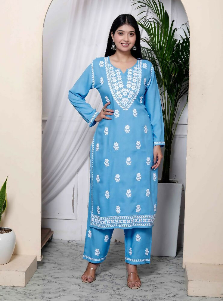 Miravan Womens Blue Embroidered Kurta With Palazzo - Distacart