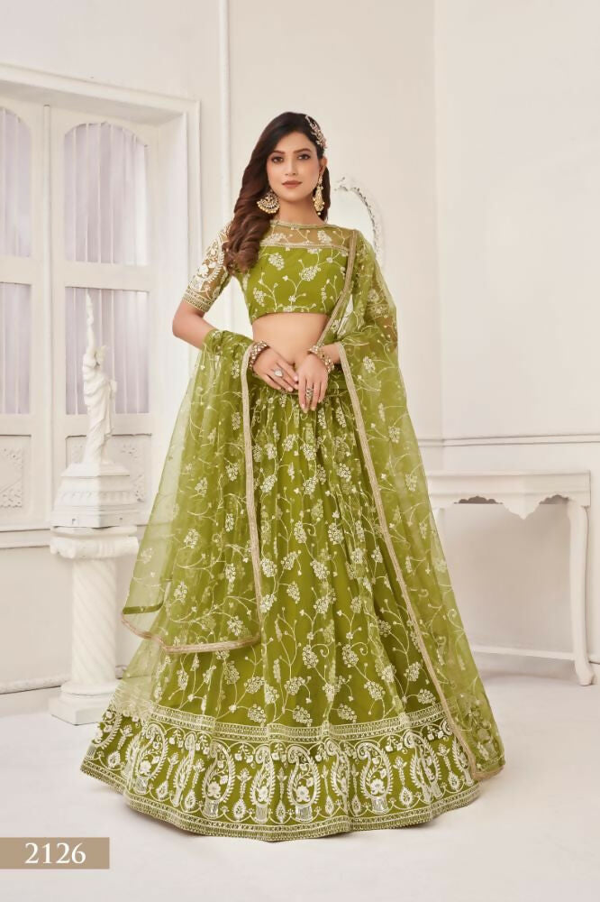 Aastha Fashion Olive Green Butterfly Net White Cotton Thread Work And Sequence Work Embroidery Wedding Wear Lehenga Choli