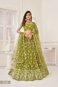 Aastha Fashion Olive Green Butterfly Net White Cotton Thread Work And Sequence Work Embroidery Wedding Wear Lehenga Choli