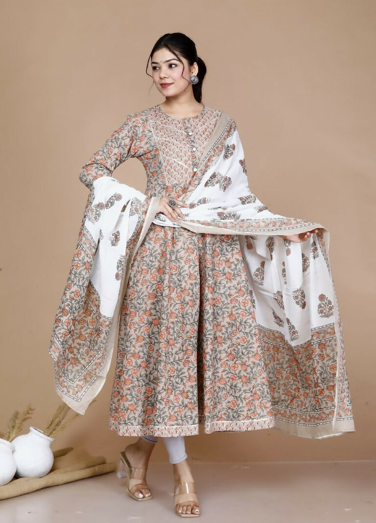 Miravan Women's Partywear Brown Floral Printed Gota Work Long Anarkali With Dupatta Set