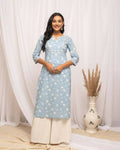 FIORRA Women's Floral Printed Sky Blue Cotton Straight Kurta