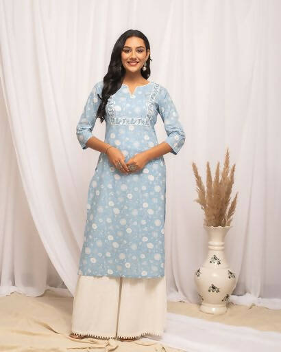 FIORRA Women's Floral Printed Sky Blue Cotton Straight Kurta