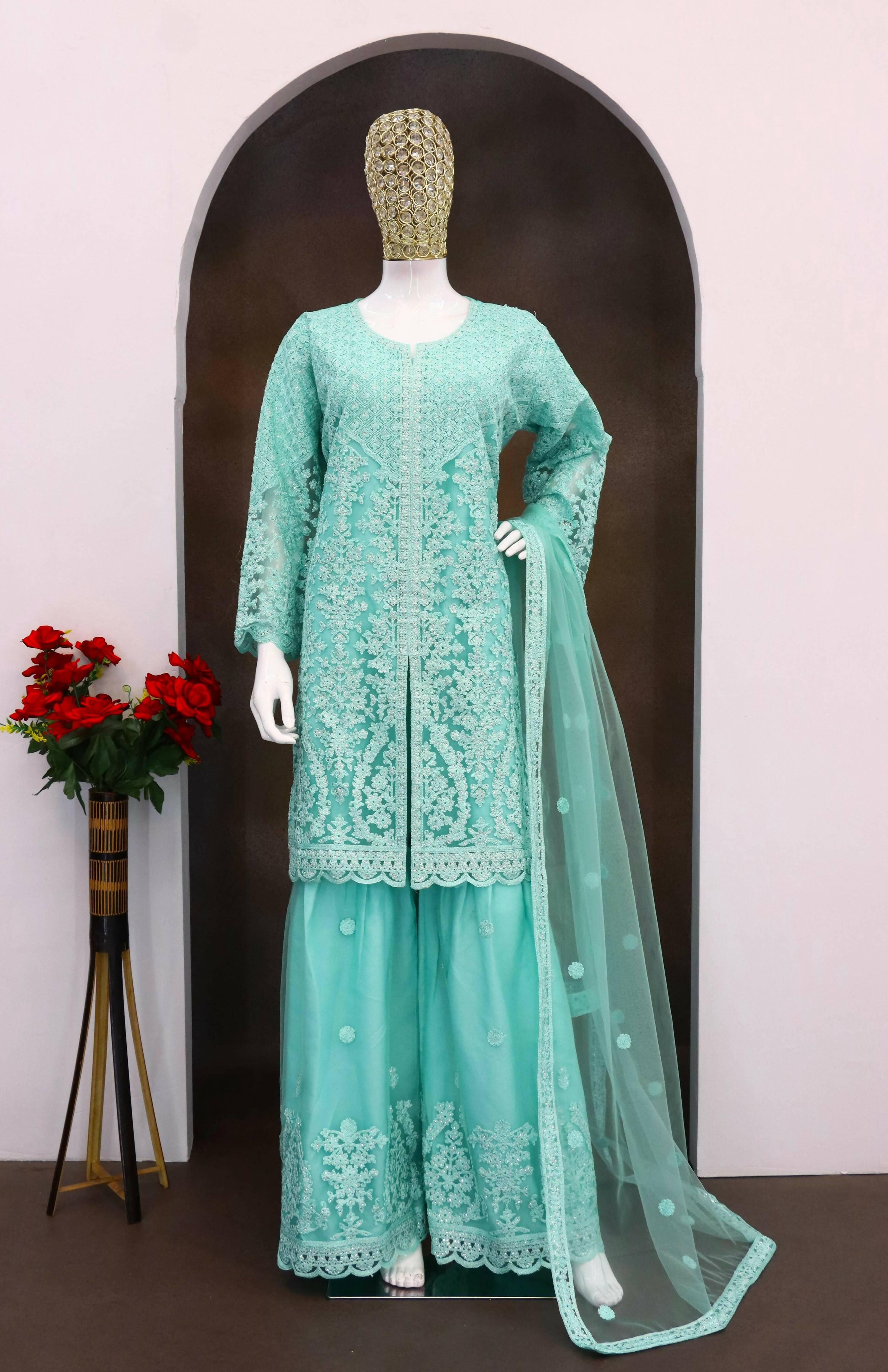 Anaita Sky Blue Heavy Net Readymade Suit with Embroidery & Sequence Work - Distacart