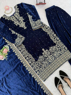 Vastranavya Blue Viscose Velvet Cording Sequence With Moti Work Top-Bottom With Dupatta - Distacart
